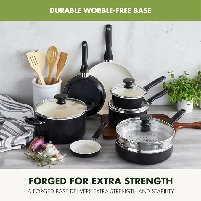 16 Piece Cookware Pots and Pans Set Hard Anodized Healthy Ceramic Nonstick PFAS-Free Bakelite Handles Frypans Saucepan Saute Pan Stock Pot Kitchen Tools Dishwasher Safe Black