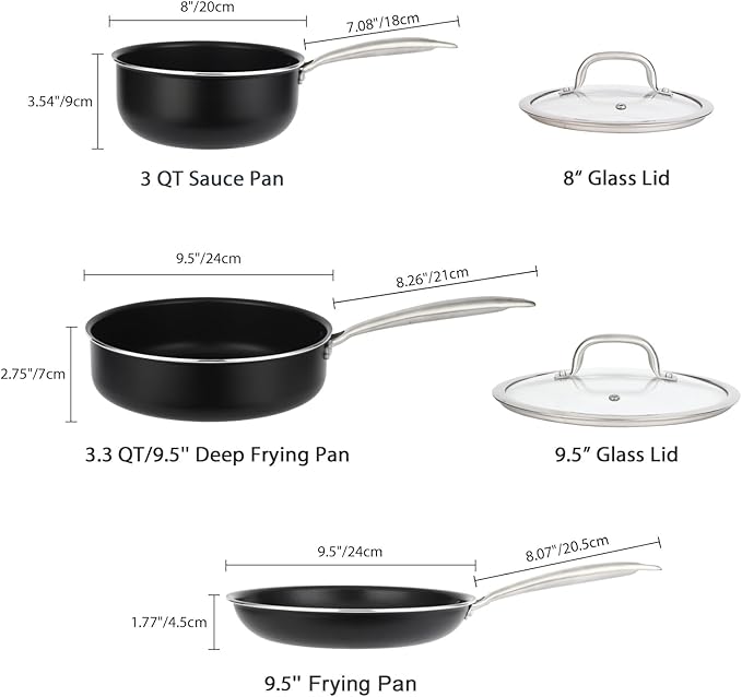 5PC Induction Cookware Set with Tempered Glass Lids Ultra Nonstick Pots and Pans Set with Stainless Steel Handle Oven Safe and Dishwasher Safe Non Toxic &amp Granite Cooking Set Black