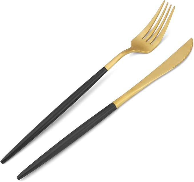Matte Gold Silverware Set with black handle Bysta 20-Piece Stainless Steel Flatware Set Kitchen Utensil Set Service for 4 Tableware Cutlery Set for Home and Restaurant Dishwasher Safe