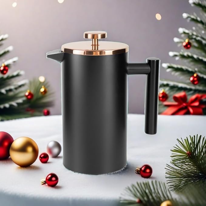 Black French Press Stainless Steel 34oz Double Wall Insulated Coffee Press 1L for travel camping with 2 Extra Filter Screens and 1 Coffee Spoon（8cup 1000ml）