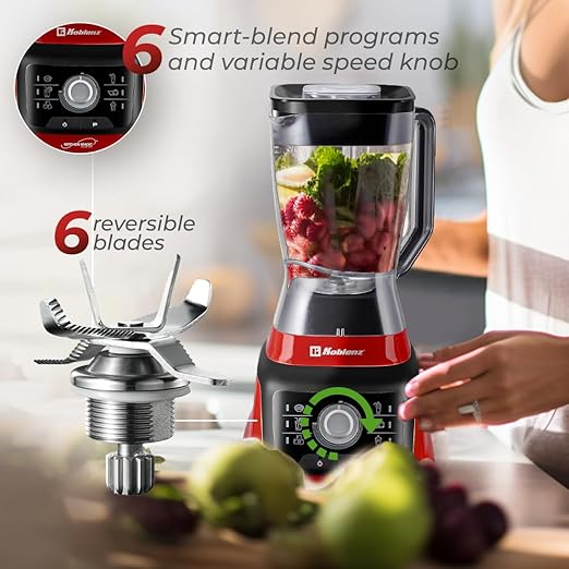 Koblenz Bob Countertop Blender 1400 Watt Stainless Steel Reversible Blade 6 Smart Programs Variable Speed &amp Pulse 68 oz Jar Personal Blender To-Go Cup Tamper Ultra-Quiet Black/Red LKM-96