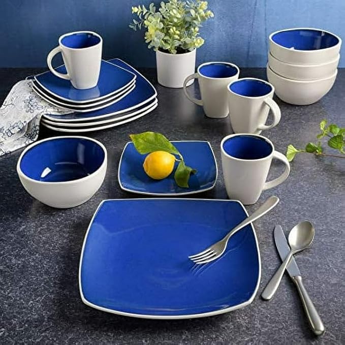Modern Matte Glaze Square Dinnerware Set - 16 Piece Stoneware Service for 4 Dishwasher &amp Microwave Safe Teal Finish (Cobalt Blue)