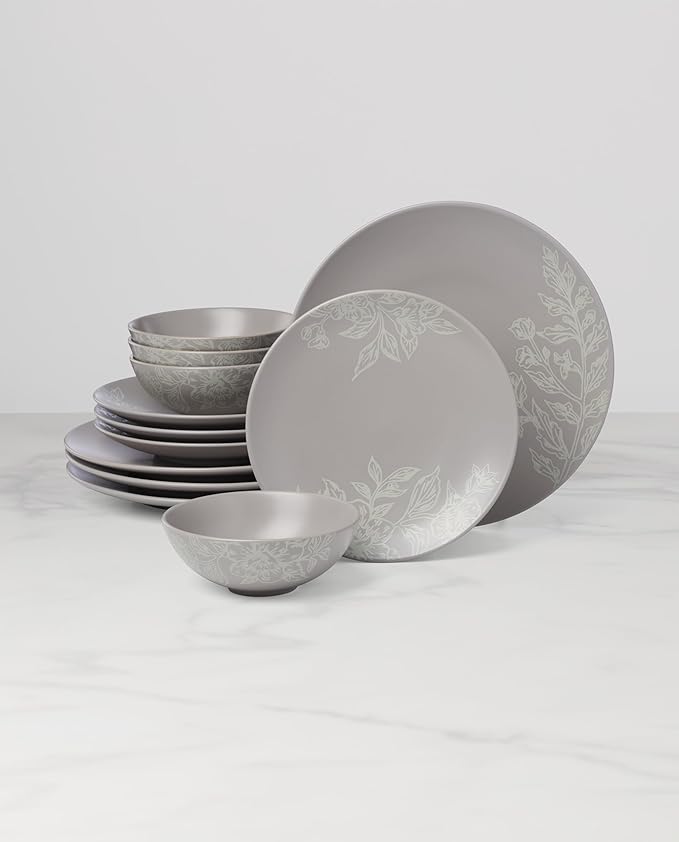 Oneida 897506 Roseto 12-Piece Dinnerware Set Pumice Grey