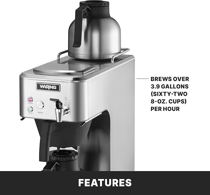 Waring WCM60PT Café Deco Automatic or Pour Over Thermal Carafe Coffee Brewer Stainless Steel Construction Hot water faucet Can be Plumbed or Used as a Pour Over No Warmers 120V 5-15 Phase Plug