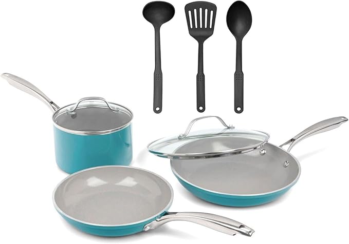 For Gotham Steel Aqua Blue 8 Piece Ultra Nonstick Pots &amp Pans Set with Utensils