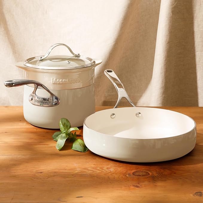 Bloomhouse 4-Piece Heavy-Gauge Aluminum Pots and Pans Cookware Set w/Non-Stick Non-Toxic Ceramic Interior and Ceramic Steamer Insert Oat White