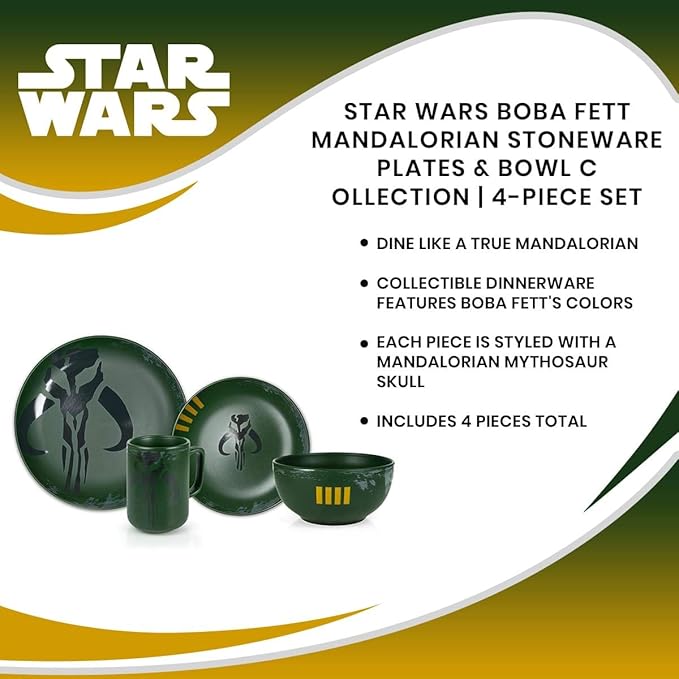 Star Wars Boba Fett Mandalorian Dinnerware Dining Set | Official Star Wars Collectible Stoneware Display | Includes Plates Bowl And Mug | 4-Piece Set