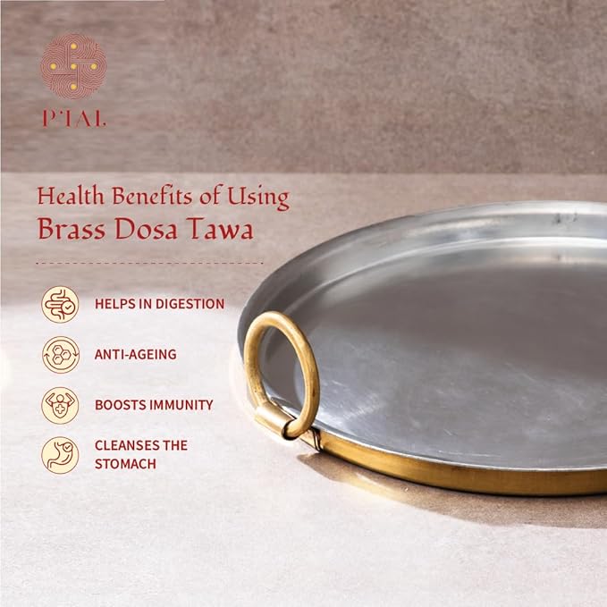 P-TAL Set of Brass Dosa Tawa + 250ml Brass Ghee Pot with Spoon Cookware Set Non-Toxic and Teflon Free Combo Ptal Utensils 12 in Dosa Tawa and 250 ml Golden