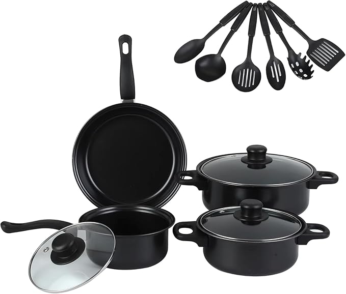 Non stick cookware set frying pan casserole dish wok Utensil Set Pots Pans Home Kitchen Gift Item 13- Piece (Black)