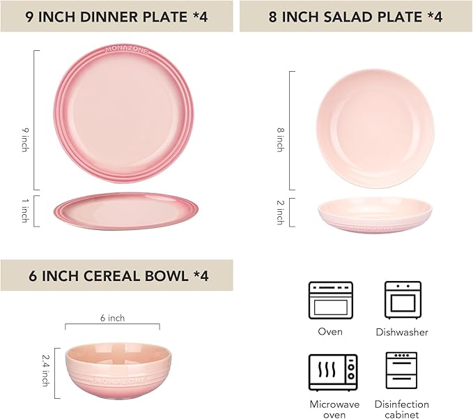 12-Piece Pink Ceramic Dinnerware Set - Monazone Series Service for 4 Includes Bowls &amp 8''/9'' Plates Glossy Finish