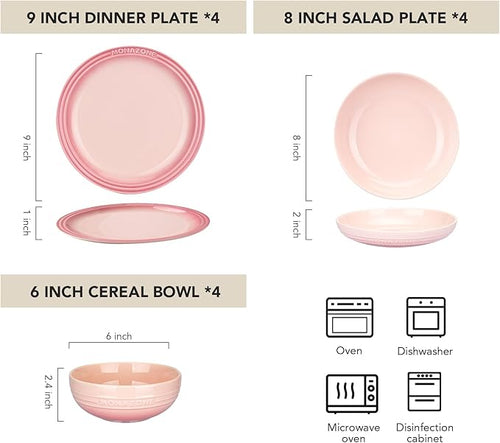 12-Piece Pink Ceramic Dinnerware Set - Monazone Series Service for 4 Includes Bowls &amp 8''/9'' Plates Glossy Finish