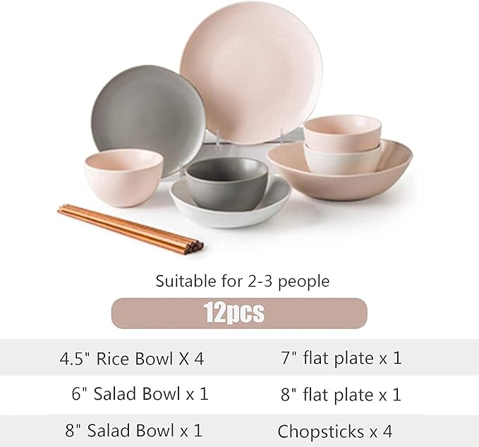 12 Pieces-Ceramics Dinnerware Set for 3 Modern Dinnerware Set Include Plates Bowl Set for Home Fruit Salad Snack