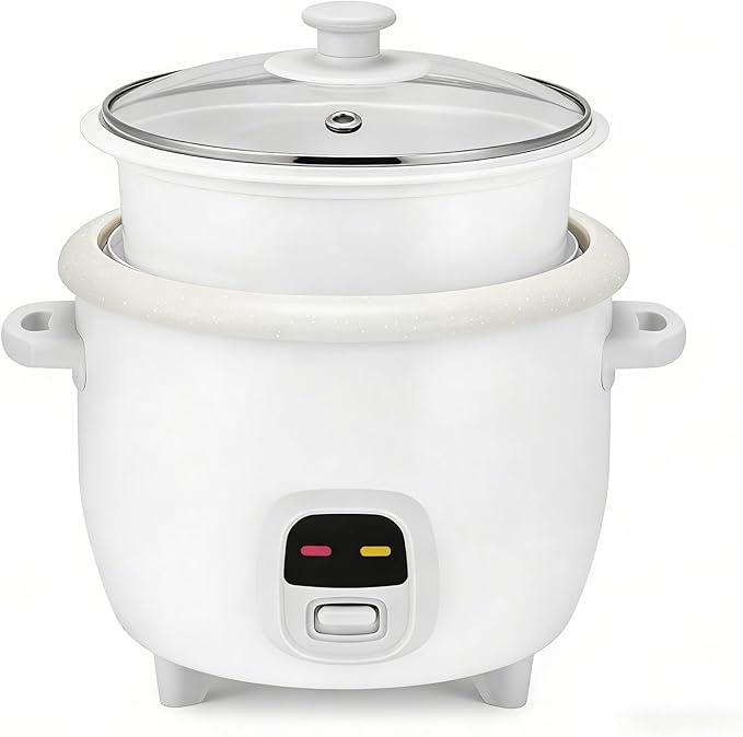 6 Cup Electric Rice Cooker and Food Steamer with Nonstick Ceramic Pot Pop Up Steam Tray White