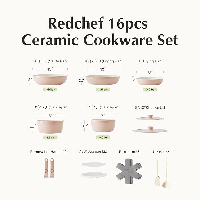 Redchef 16pcs Ceramic Pots and Pans Set Non Stick Nonstick Kitchen Cookware Set with Detachable Handle Non Toxic PFAS PFOA &amp PTFE Free RV Cookware Set for Camping Dishwasher/Oven Safe (Pink)