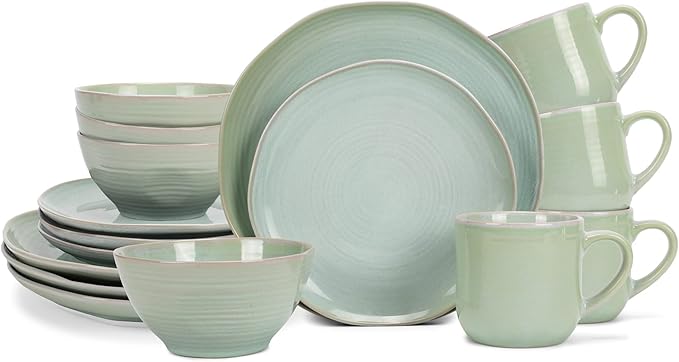 Elanze Designs Reactive Glaze Farmhouse Rustic Boho Ceramic Stoneware Dinnerware 16 Piece Plate Bowl Mug Dish Set - Service for 4 Seafoam Mint Green