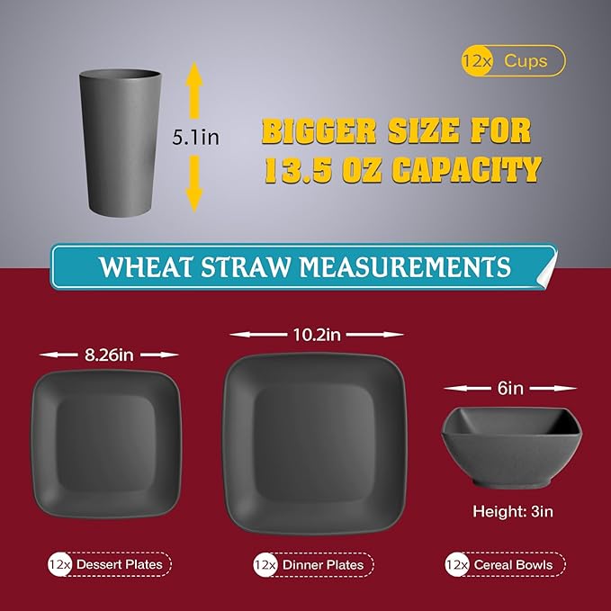 Teivio 48-piece Wheat Straw Square Dinnerware Set for 12 Unbreakable Dinner Plates Salad Plates Snack Bowls Tumblers 20 oz Dishwasher Safe Grey