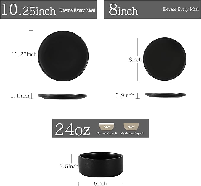 12 Piece Dinnerware Set Modern Minimalist Stoneware Plates and Bowls Sets Modern Dinner Plate Salad Plate Cereal Bowl Dish Set for 4 Microwave and Dishwasher Safe Matte Black