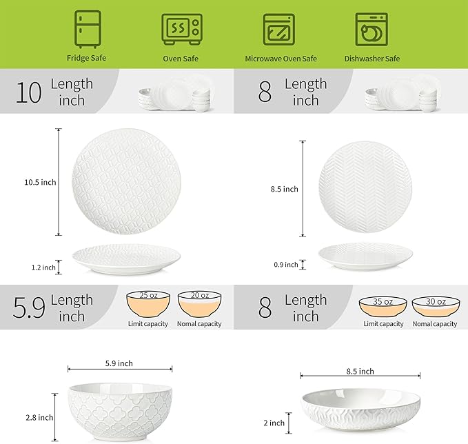 Sureasy Ceramic Dinnerware Set for 4 16 Pieces Embossed Plates and Bowls Sets Scratch Resistant Dish Set Microwave Oven &amp Dishwasher Safe White