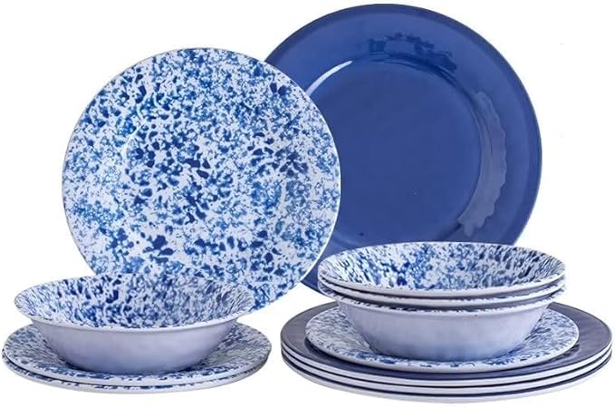 Melamine Dinnerware Set 12 Piece Service for 4 Blue and White Porcelain Tableware Dishes for Indoor and Outdoor Use Unbreakable Plates and Bowls Sets Dishwasher Safe BPA Free