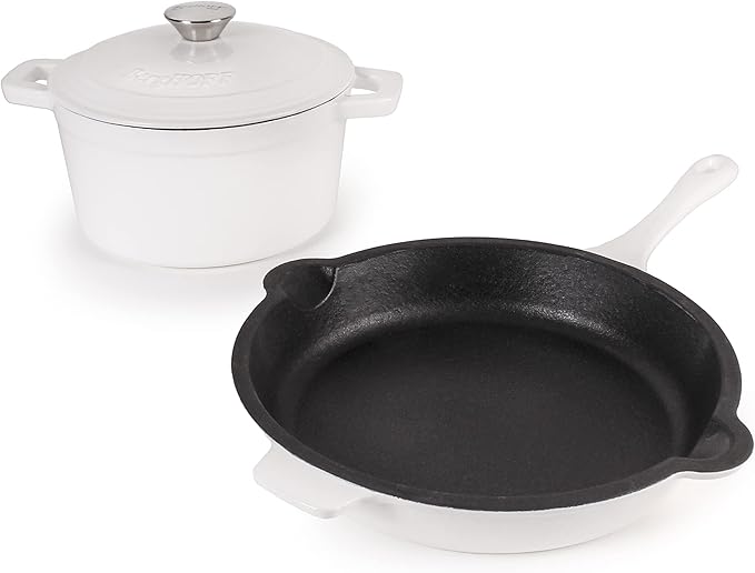 BergHOFF 3Pc Neo Enameled Cast Iron Cookware Set 3qt. Dutch Oven Matching Lid Fry Pan 10 Inches Oven Safe Up To 400°F White