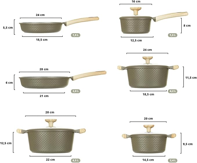 Bambù 10Pcs Cookware set Die-cast Aluminum pots and pans Nonstick frying pans and casseroles Induction safe PFOA-free (Green 10 pcs)