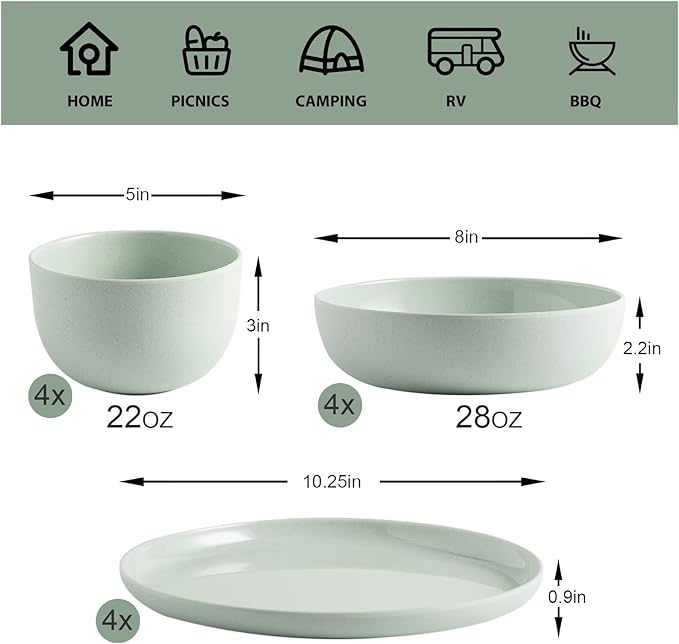 MissYIP 12 Pcs Wheat Straw Dinnerware Sets Unbreakable Reusable Kitchen Dinnerware Set Outdoor Camping Dishes BAP free Dishwasher SafeNot oven-safe or microwavable(Celadon)