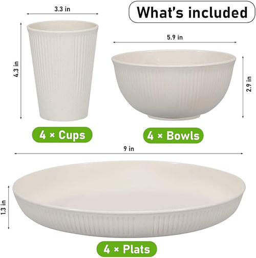 12pcs Wheat Straw Dinnerware Sets Kitchen Unbreakable Wheat Straw Plates and Bowls Sets for College Dorm Apartment Reusable Beige