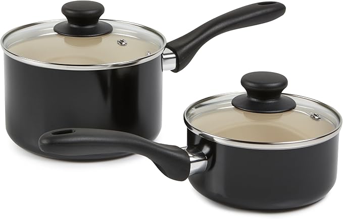 Amazon Basics 11-Piece Ceramic Non-Stick Pots and Pans Set Dishwasher &amp Oven Safe Easy Clean Glass Lids Black/Cream