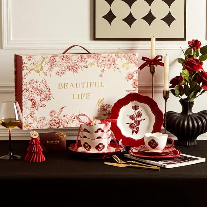 Red Tulip Ceramic Dinnerware Set 13-Piece with 4 Bowls and 4 Plates Vintage Floral Pattern Retro Style Tableware with Gift Box
