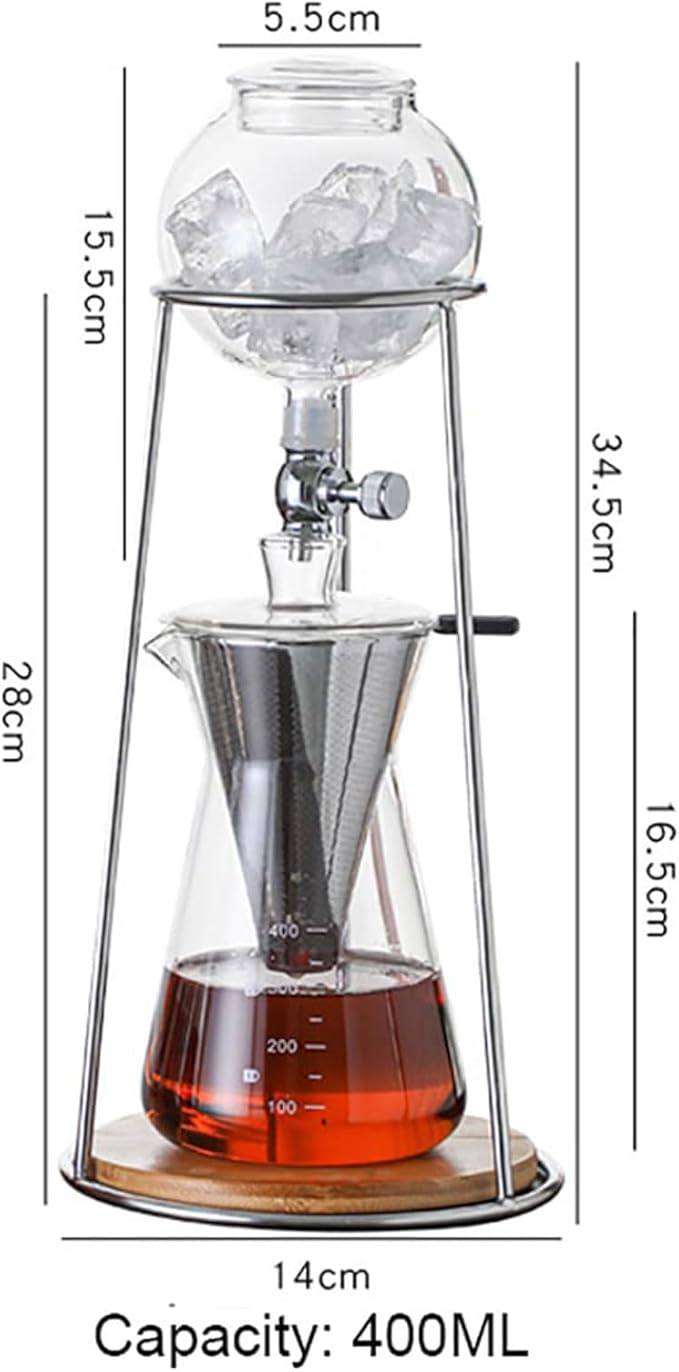 Portable Cold Drip Coffee Maker Drip Tower Coffee Maker 400ml Glass Coffee Pot with Stainless Steel Regulating Valve V-Shaped Spout for Home Office