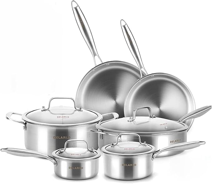 DELARLO Whole body Tri-Ply Stainless Steel Kitchen Cookware Set of 14 With Lid Heats quickly Cookware Suitable for All Stove Kitchen Pots and Pans sets
