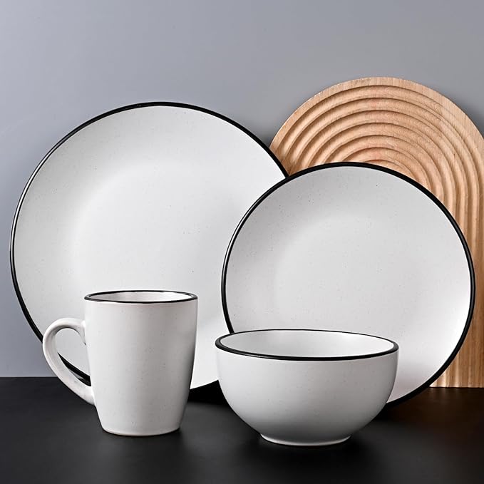 Homlouue 16 Pieces Stoneware Dinnerware Set Speckled Ceramic Plates and Bowls Mugs Sets Service for 4 Ceramic Dishes Set Microwave and Dishwasher Safe(White with Black Rim)