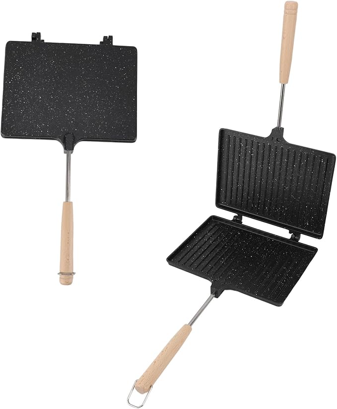 Hot Maker Non Stick Double Sided Hand Toaster for Home Breakfast Aluminum Alloy and Solid Wood 865g Suitable for Family Use
