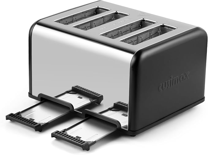 CUSIMAX 4 Slice Toaster with Smart LED Display Stainless Steel Toaster with Exart Wide Slots 6 Shade Settings Bagel Defrost and Cancel Fuction 1650 Watts Removable Crumb Trays Black