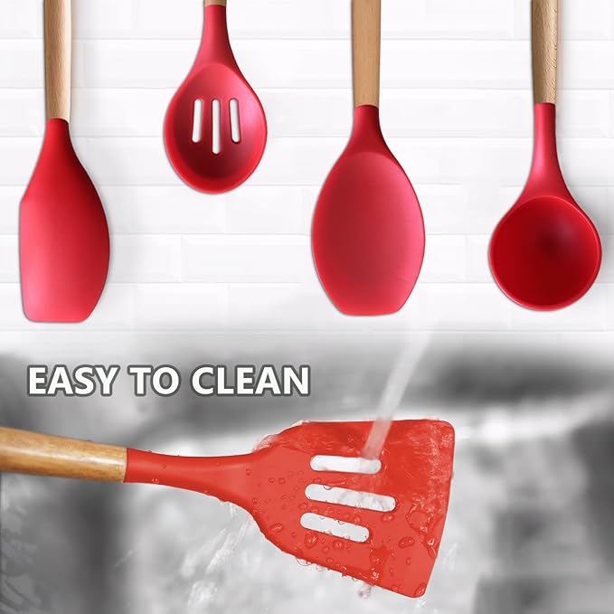 Silicone Cooking Utensils Set 5Pcs Non-Stick Silicone Kitchen Utensils for Cooking Heat Resistant Kitchen Gadgets Spatula Spoon Turner Set with Wooden Handles for Non-Stick Cookware BPA Free