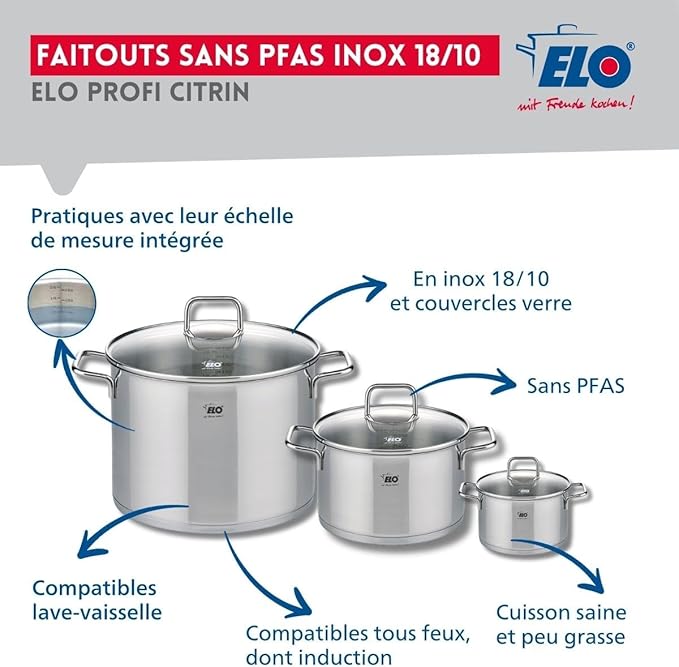 ELO 9506650 Cookware Set 5 Pieces 2 Frying Pans 24 and 32 cm and 3 Saucepans 12 20 and 26 cm Elo Profi Citrine Stainless Steel Induction