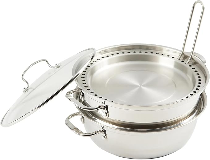 Kenmore Elite Devon Heavy Gauge Stainless Steel Tri-Ply Impact Bonded Induction 6.5 QT Dutch Oven W/ 11 Steamer and Metal Tong Set 5-Piece