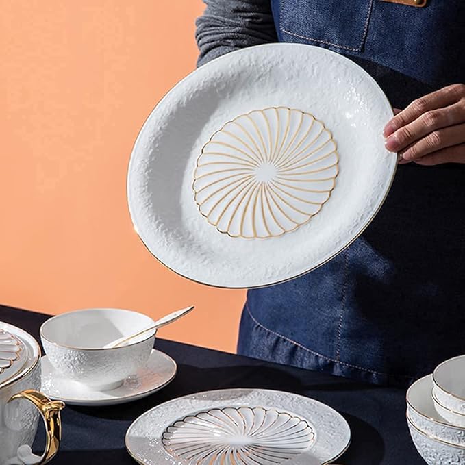 Ceramics Dinner Set Kitchen and Dining Service Durable Kitchen Dinnerware Set Dinner Salad Appitizer Dessert Plate Bowls Best for Indoor and Outdoor Party Creativity Villa Table Decor (White 28Pcs)