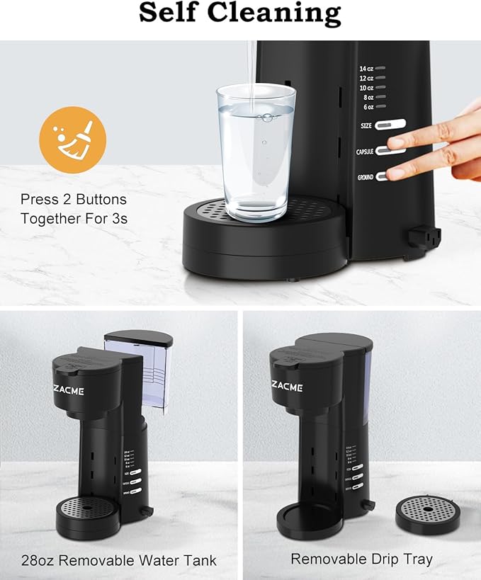 ZACME Single Serve Coffee Maker with Milk Frother Coffee Machine with Brewing &amp Frothing System 28oz Water Tank Adjustable Brew Strength Quick Brew Self-Cleaning