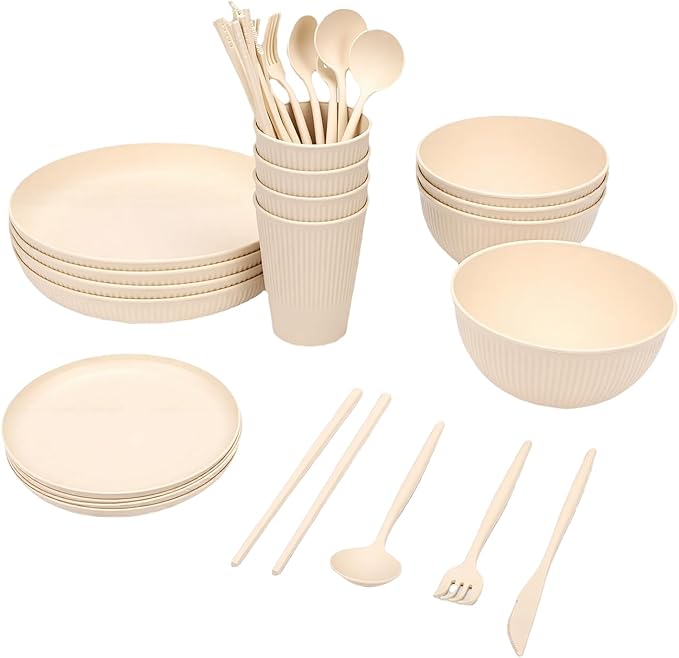 Dinnerware Sets Unbreakable Plates Bowls Cups Reusable for 4 People Travel Camping Picnic Home Party Cutlery Set Dishwasher Microwave Safe Dishes Ideal for