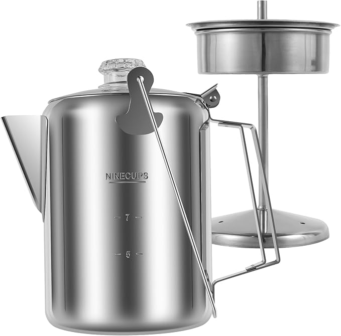 Percolator Coffee Pot Stainless Steel Camping Coffee Pot Outdoor Stovetop Coffee Maker with Clear Top Glass Knob 9 Cups Coffee Percolator for Group Camping Hiking Backpacking Travel