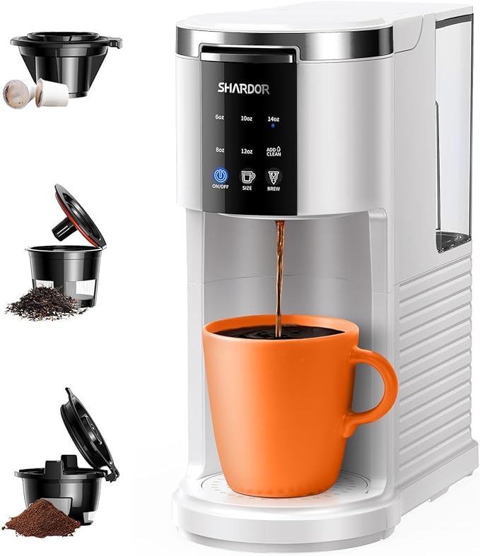 SHARDOR 3 in 1 Coffee Maker K Cup Coffee Maker Compatible with Ground Coffee &amp Teas Single Serve Coffee Machine 6–14oz Brew Sizes 40oz Detachable Water Reservoir Descale Settings White