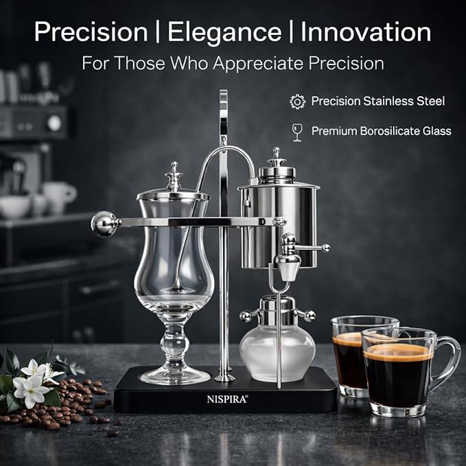 Nispira Belgian Balance Syphon Vacuum Coffee Maker 500 ml Vintage Gravity Brewing System Silver Finish Manual Tabletop Coffee Brewer