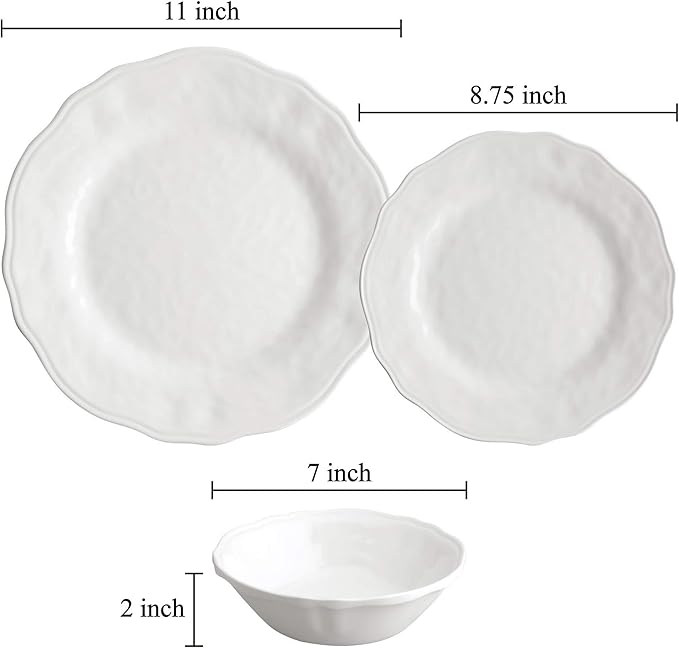 UPware 12 Piece Dimple Melamine Dinnerware Sets Outdoor Dishes Set Plates and Bowls Sets Service for 4 White