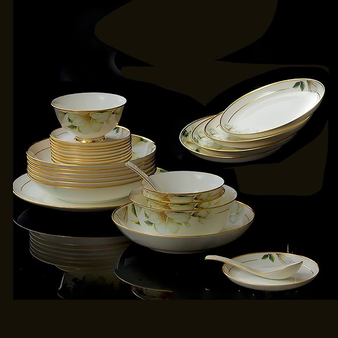 60 Pieces Dinnerware Set Porcelain Bone China Kitchen Dinner Set with Cereal Bowls Dessert Plates Soup Plates Fish Plate Dishes and Soup Pot Service for 10 People Dishwasher and Microwave Safe