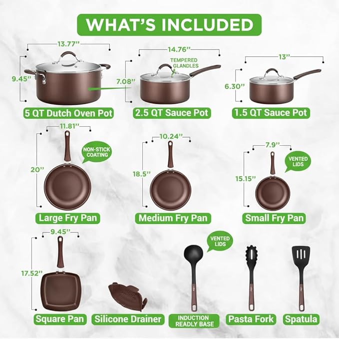 NutriChef 14-Piece Nonstick Brown Cookware Set - Scratch-Resistant Kitchen Pots and Pans with Lids &amp Utensils For All Cooktops - NCCW14SBR