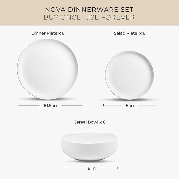 Zulay Kitchen Nova Porcelain Dinnerware Set Service For 6 - Chip &amp Scratch Resistant White Plates And Bowls Sets - Microwave &amp Dishwasher Safe - White