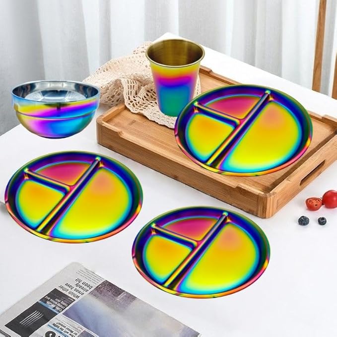 12-Piece Stainless Steel Rainbow Dinnerware Sets for 4 Unbreakable Reusable Divided Plates Bowls Cups Round Dishwasher Safe for Kitchen Camping Picnic RV