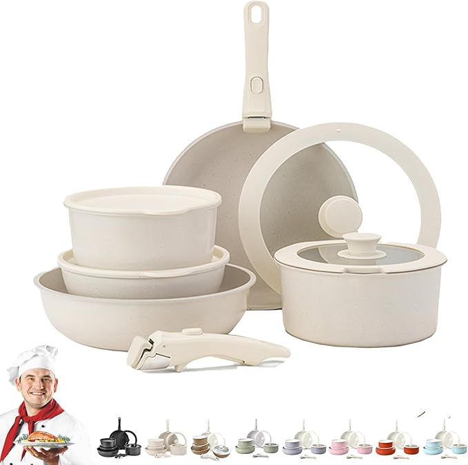 Cookware Set Cookware Set Removable Handle 5/9/11/15/17 Piece Stackables Oven Safe Super Easily Clean for Kitchen (White15 Pcs)