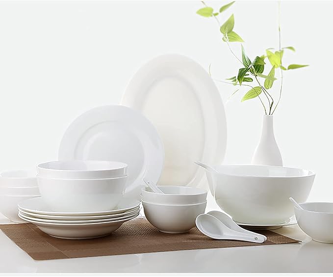 Bone China Dinnerware Set White Porcelain Round Dinner Dining Tableware Combi-Set with Cereal Noodle Bowl Dessert Soup Fish Plates Microwave and Oven Safe